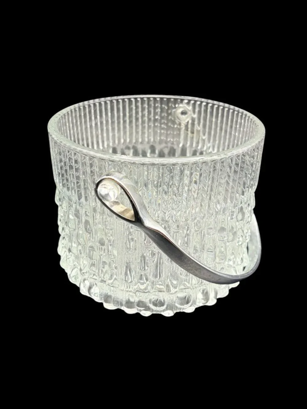 Vtg Teleflora French Glass Ice Bucket Biscuit Jar w/ Chrome Handle Textured MCM